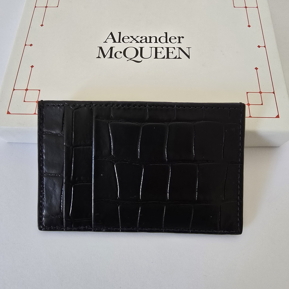 Alexander McQueen Skull Croc-Embossed Leather Card Holder Black - Picture 2 of 7